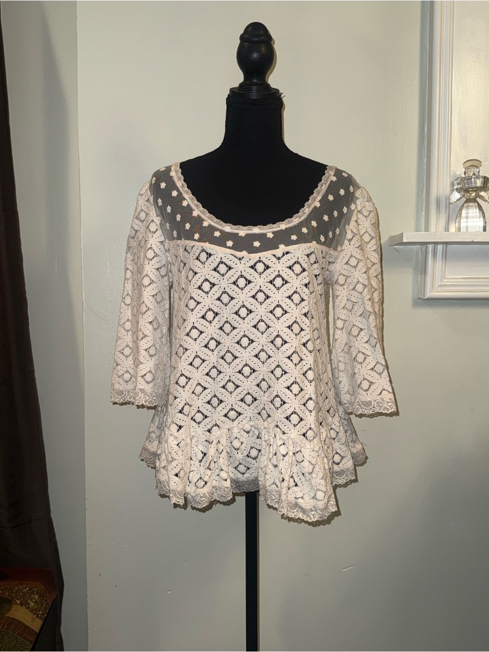 En Creme Cream Crochet Lace Peplum Blouse with Sheer Yoke
